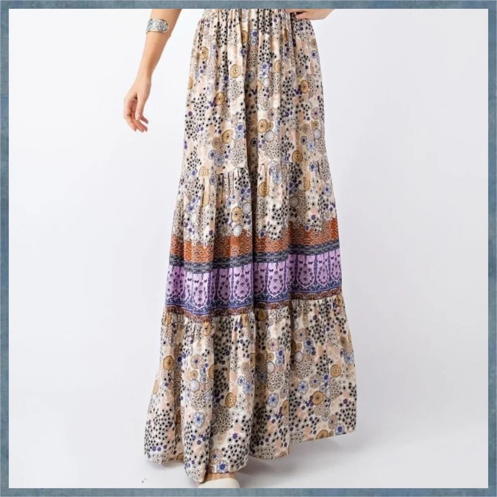 EASEL "Summer Dreams" Sexy Tiered Flowy Maxi Dress Smocked Waist Self-Tie Straps - Picture 15 of 15